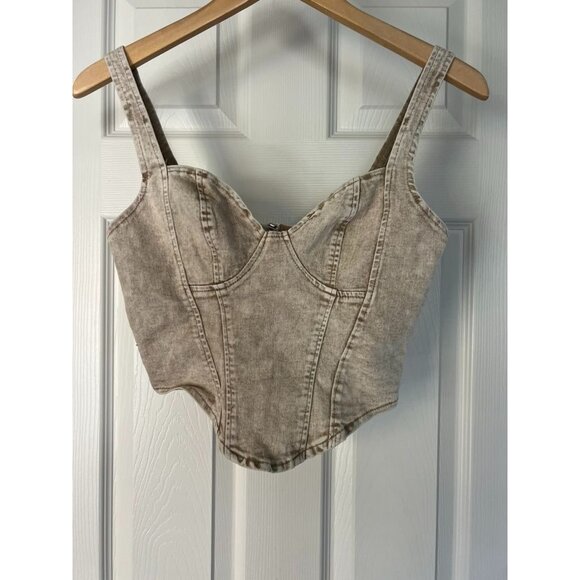 SHEIN Denim Corset Top M Distressed Washed Bustier Y2K Structured Zip Back - Picture 2 of 4